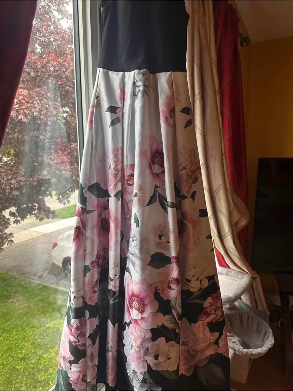 Floral Black & Pink Maxi Dress with Full Skirt